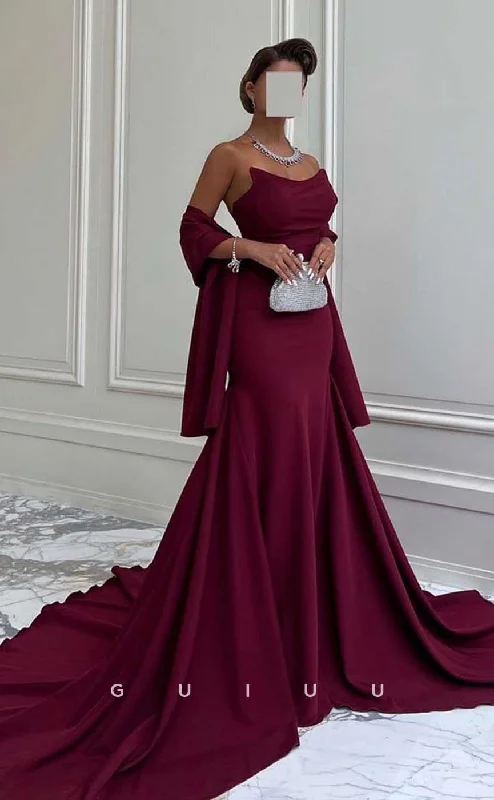 G4520 - Elegant Mermaid Sheath Boat Neck Wine Red Prom Evening Gown with Slit