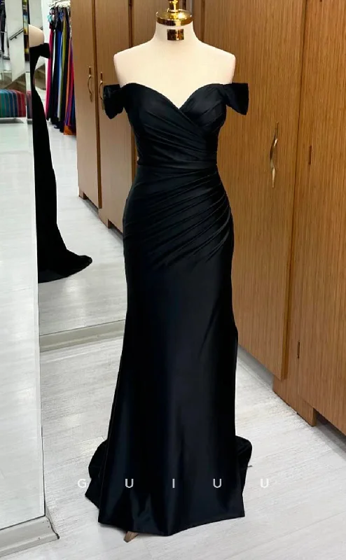 G4588 -  Sheath Off Shoulder Strapless Black Stain Pleated Long Prom Dress