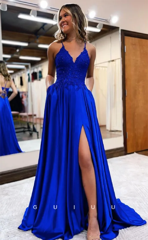 G4634 - Elegant & Timeless A-Line V Neck Straps Criss-Cross Straps High Side Slit Prom Dress