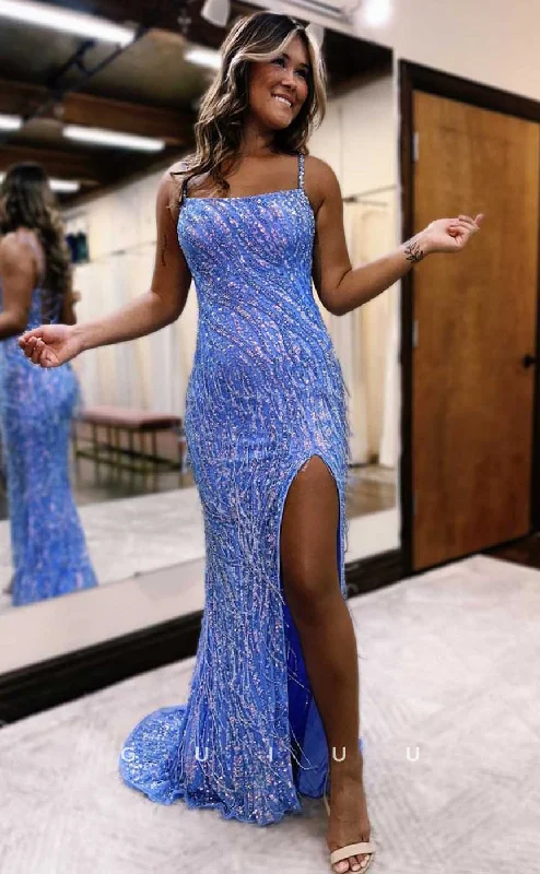 G4652 - Sheath Square Straps Sleeveless Fully Beaded High Side Slit Prom Evening Gown with Train for Black Girl Slay