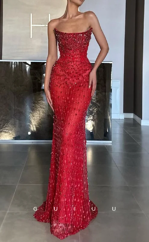 G4683 - Mermaid Boat Neck Sleeveless Fully Sequined Beaded Long Prom Dress with Train