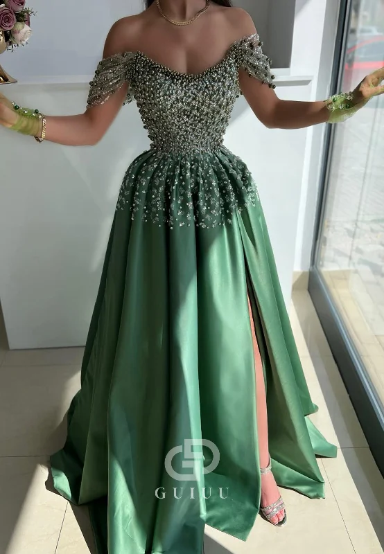 G4727 - A-Line Off Shoulder Short Sleeves Beaded Sequines Satin Long Prom Dress