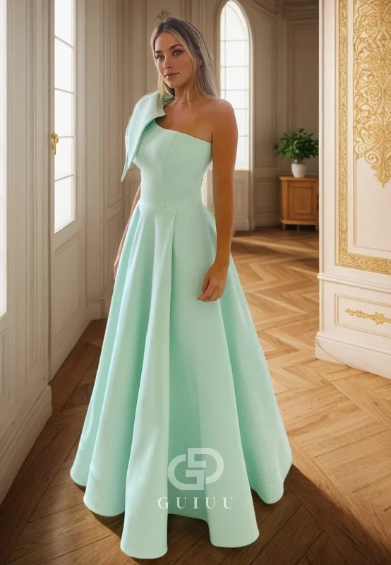 G4734 - A-Line One Shoulder Sleeveless Satin Long Prom Dress with Bow Knot