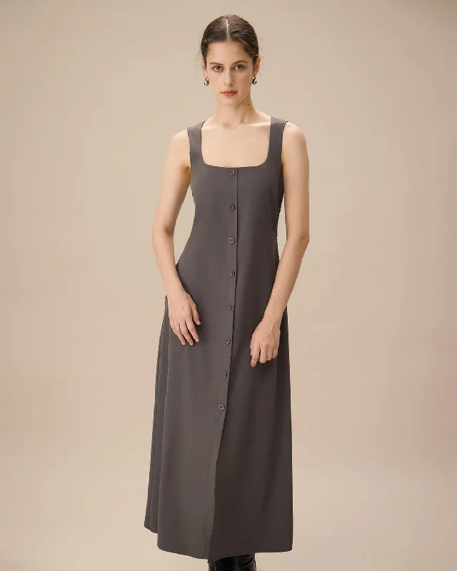 Grey U Neck Tie Back Sleeveless Maxi Dress