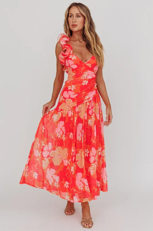 Kinley Ruffle Strap Maxi Dress Floral Orange