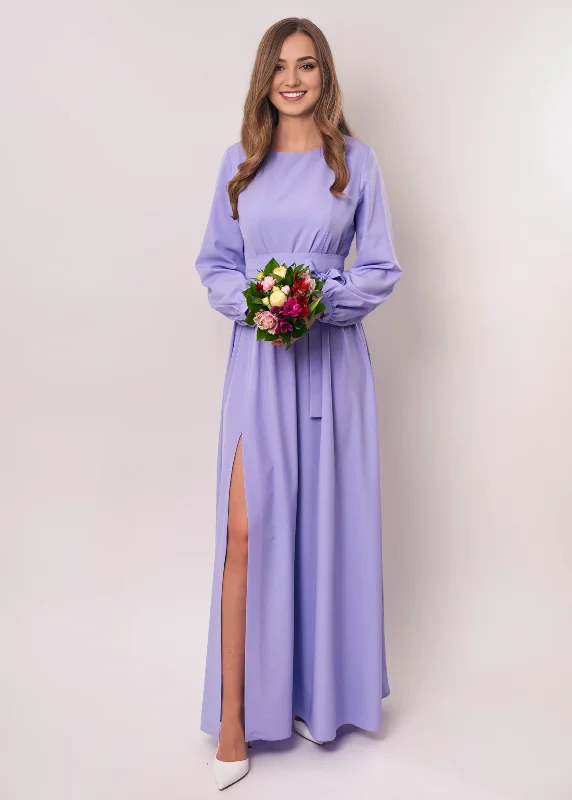 Light Purple Long Slit Maxi Party Dress With Belt Bridesmaid Dress Cocktail Dress Wedding Guest Dress