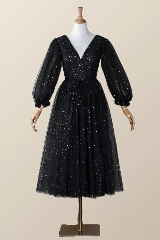 Long Sleeves Black Starry Tulle Midi Dress