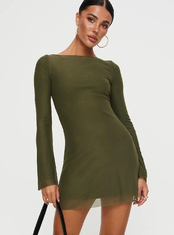 Lukea Long Sleeve Mini Dress Olive Mesh