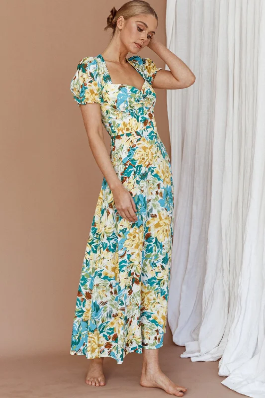 Montebello Puff Sleeve Maxi Dress Floral Blue/Yellow