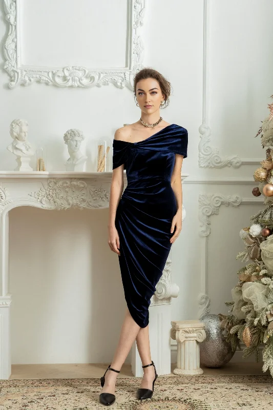 One Shoulder Velvet Formal Dress Wedding Guest Dress Bridesmaid Dress Midi Dress Elegant Dress