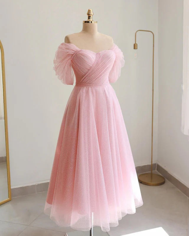 Pink Glitter Tulle Midi Dress Off Shoulder A-Line Princess Prom Dresses