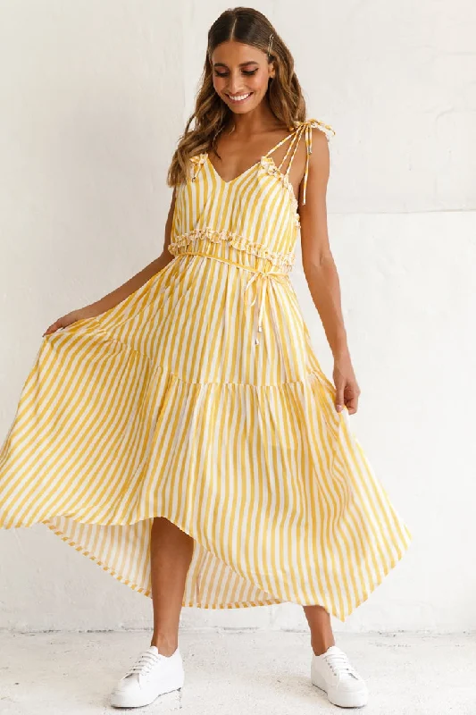 Santa Monica String Tie Maxi Dress Stripe Print Mustard