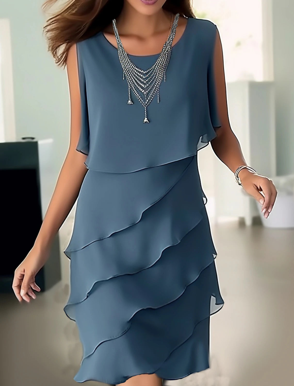 Party Dress Cocktail Dress Wedding Guest Dress Midi Dress Blue Sleeveless Pure Color Ruffle Summer Spring Fall Crew Neck Fashion Wedding Guest Summer Dress