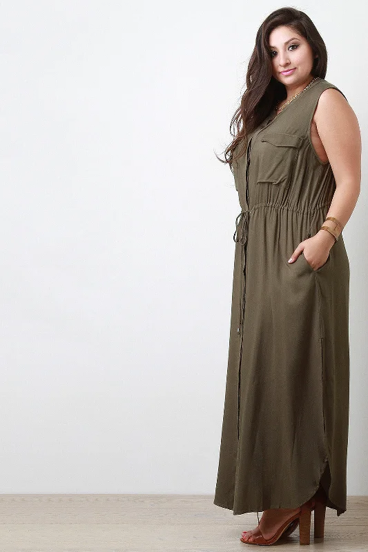 Button-Up Double Pocket Maxi Dress