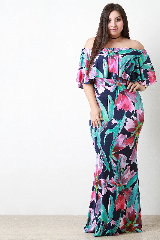 Floral Pattern Bardot Mermaid Maxi Dress