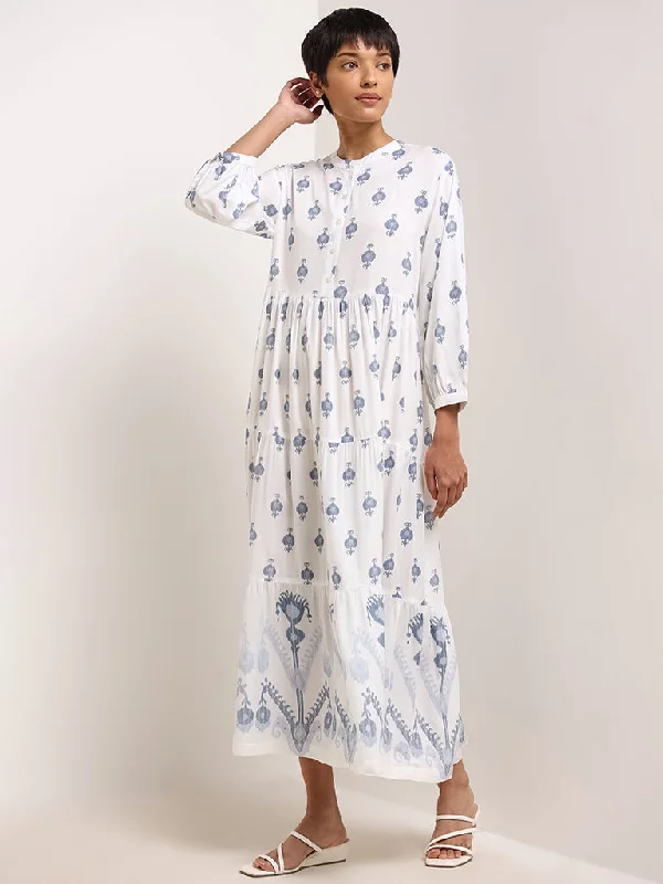 Utsa White Gathered Button-Down Maxi Dress