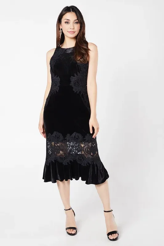 Velvet And Lace Peplum Hem Midi Dress Wedding Guest Dresses Cocktail Dresses