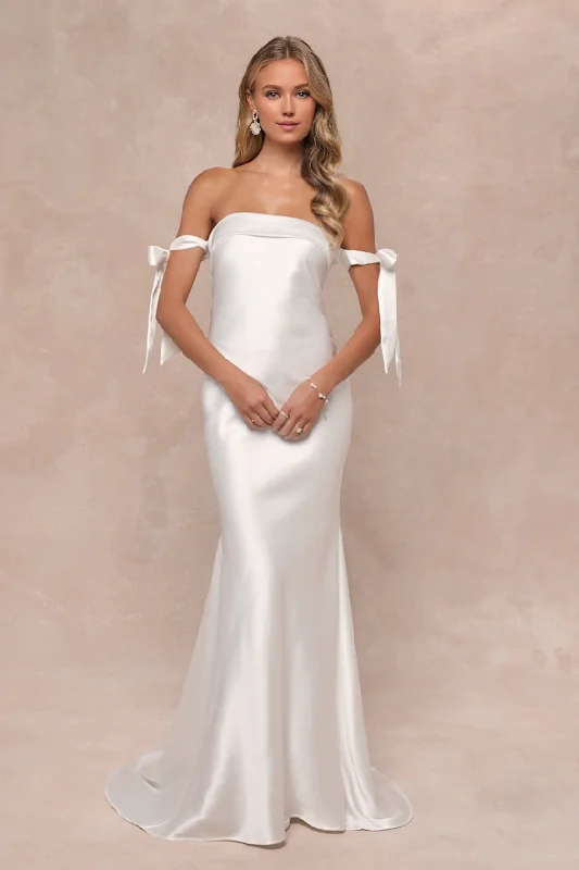 White Cutout Satin Off-the-Shoulder Maxi Dress Wedding Dresses