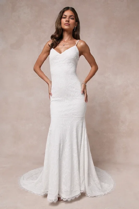 White Lace V-Neck Trumpet Hem Maxi Dress Chapel Train Wedding Dress