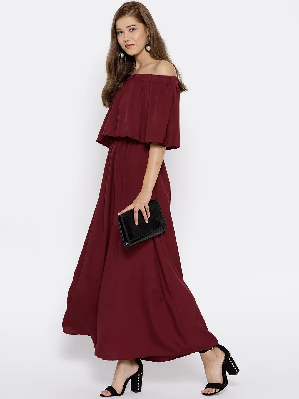 Berrylush Women Solid Maroon Off-Shoulder Three-Quarter Sleeve Crepe Flared Maxi Dress