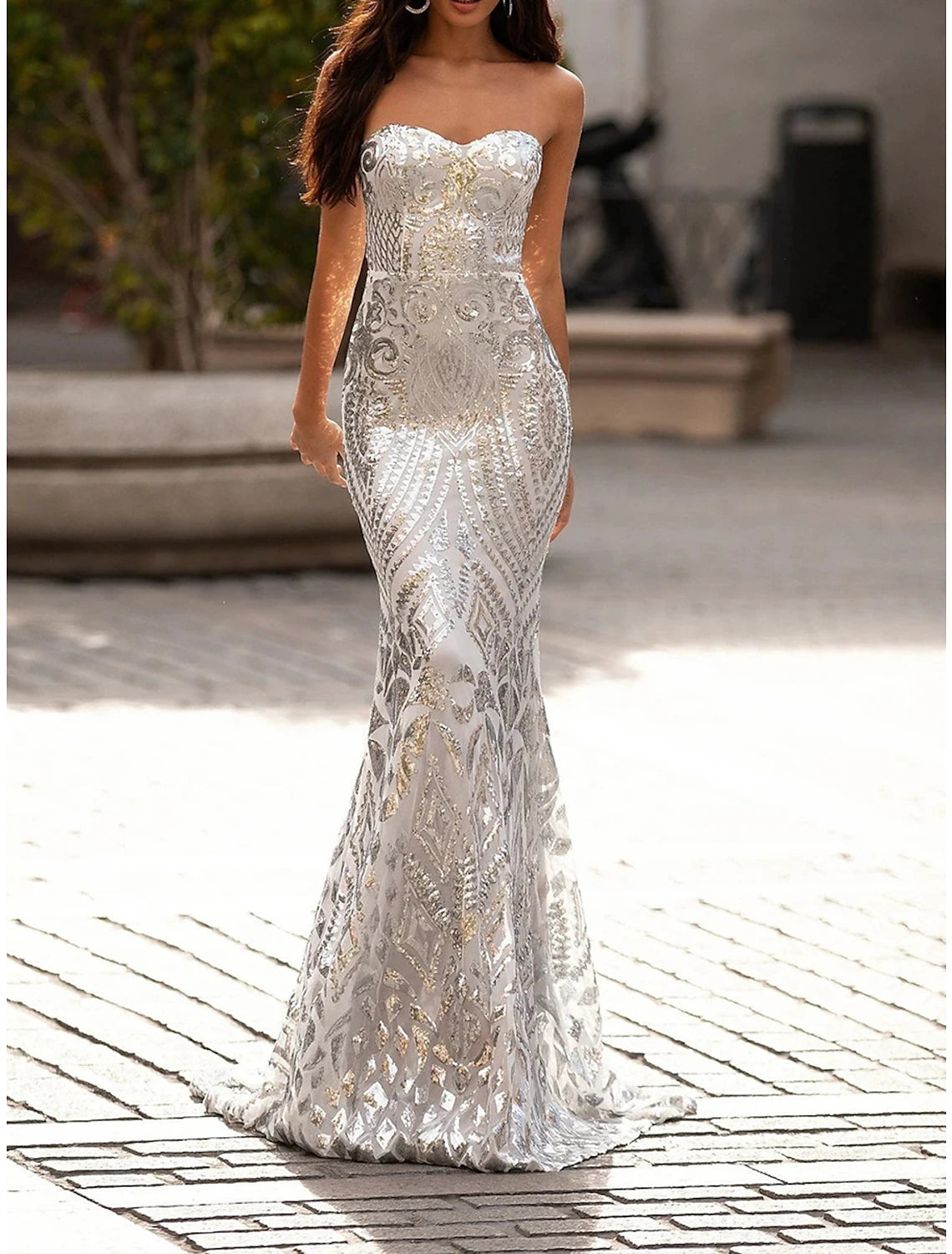 Women's Party Dress Sequin Dress Wedding Guest Dress Long Dress Maxi Dress Silver Sleeveless Pure Color Sequins Spring Fall Winter Strapless Fashion Winter Dress Wedding Guest Evening Party