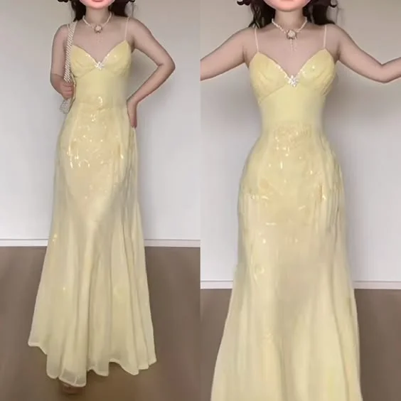 Yellow Spaghetti Straps Maxi Dress Vintage Evening Party Gown, DP3622