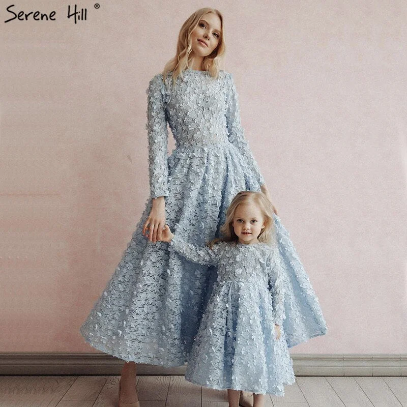 Sale Blue Flowers Evening Dresses 2024 Muslim Long Sleeves Ankle length Midi Dresses  Evening Gowns Serene Hill LA60905