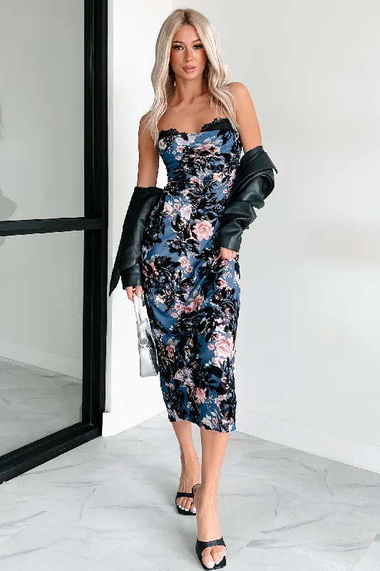 Certain Stunner Velvet Burnout Floral Mesh Midi Dress (Black)