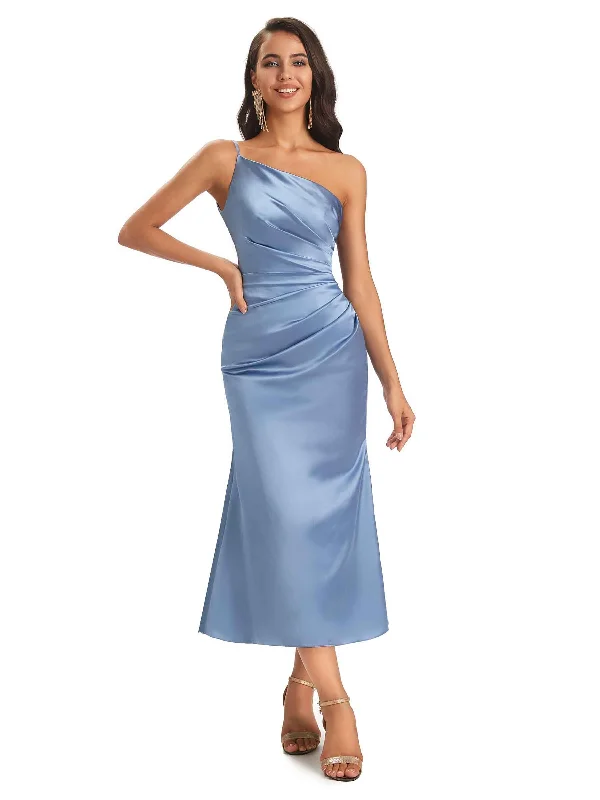 Sexy Soft Satin One Shoulder Tea-Length Midi Mermaid Bridesmaid Dresses