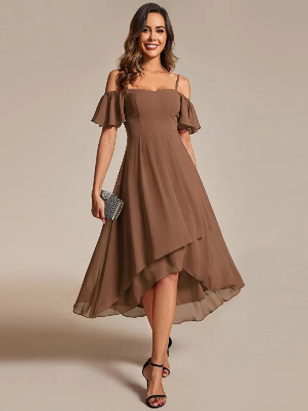 Custom Size Spaghetti Strap Cold Shoulder Chiffon A-Line Midi Wedding Guest Dress