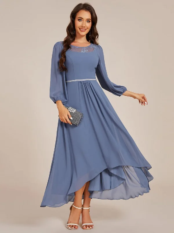 Cora | Long Sleeve Waist Chain Round Neckline Midi Chiffon Wedding Guest Dress