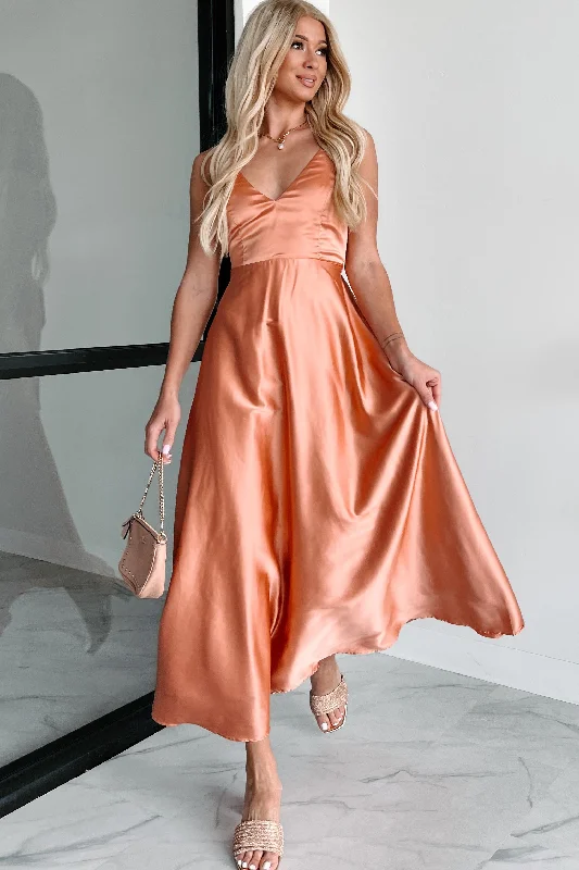 Luxurious Poise Satin Midi Dress (Light Rust)