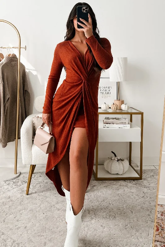 Making My Choice Twist Knot Long Sleeve Midi Dress (Rust)