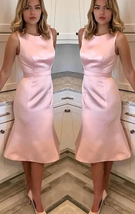 O Neck Sheath Midi Wedding Party Dress Pink Homecoming Dress  C835