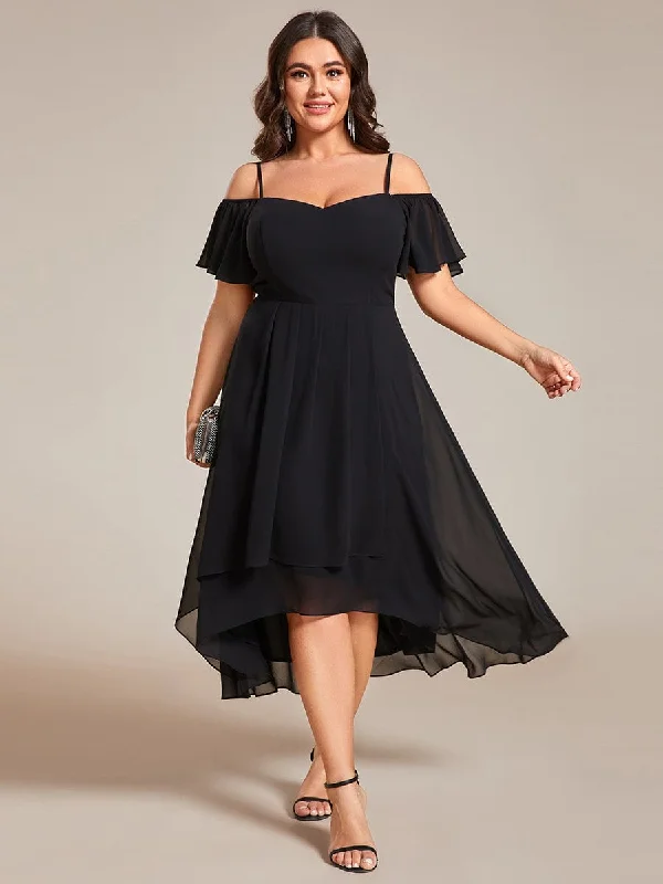 Plus Size Cold Shoulder Sweetheart Necklin Chiffon Midi Wedding Guest Dress