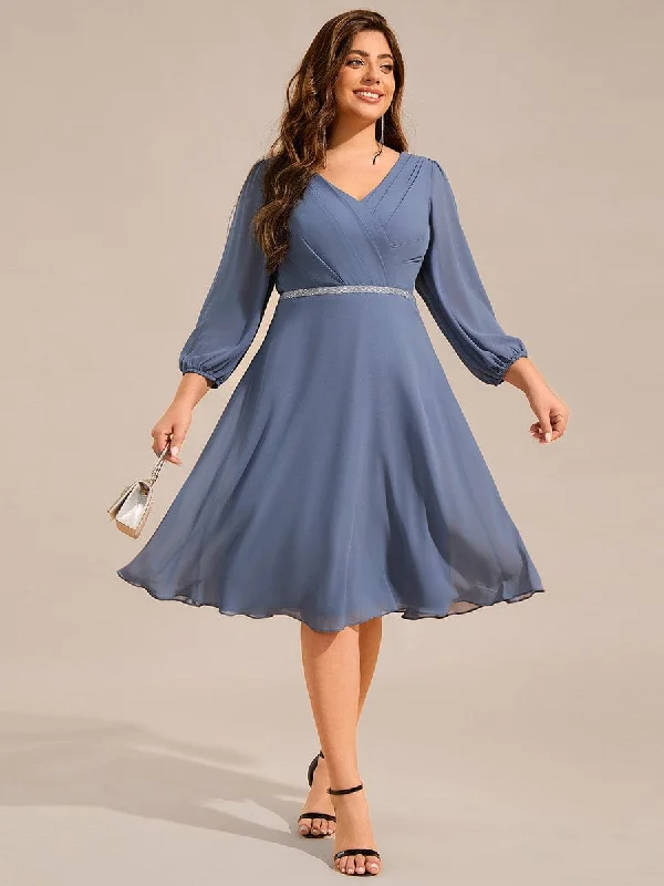 Plus Size Long Sleeve Midi A-Line Wedding Guest Dress with Waist Chain