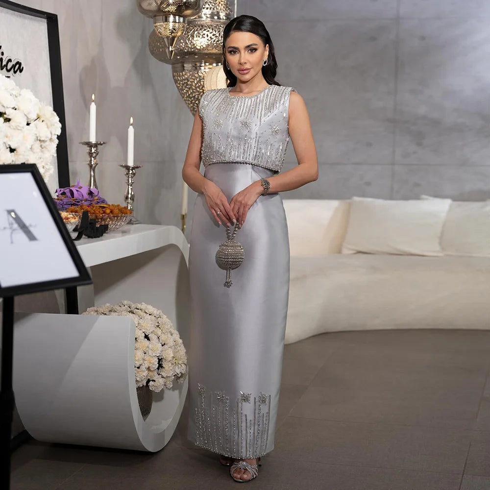 Serene Hill 2024 Luxury Saudi Beaded Gray Midi Formal Evening Dress for Arabic Occasion LA72761