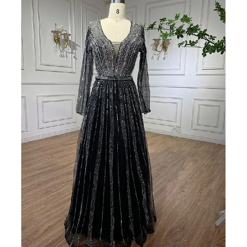 Serene Hill Muslim Luxury Beaded Balck A Line Midi Arabic Evening Dresses Gowns 2024 Formal Woman Wedding Party LA72113