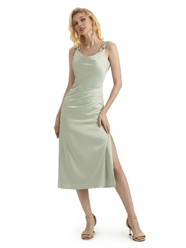 Sexy Soft Satin Side Slit Spaghetti Straps Short Midi Wedding Guest Dress