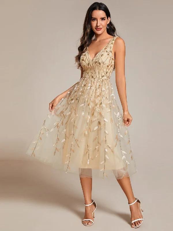 Coco | V-Neck Leaf Sequined Sleeveless A-Line Midi Wedding Guest Dress