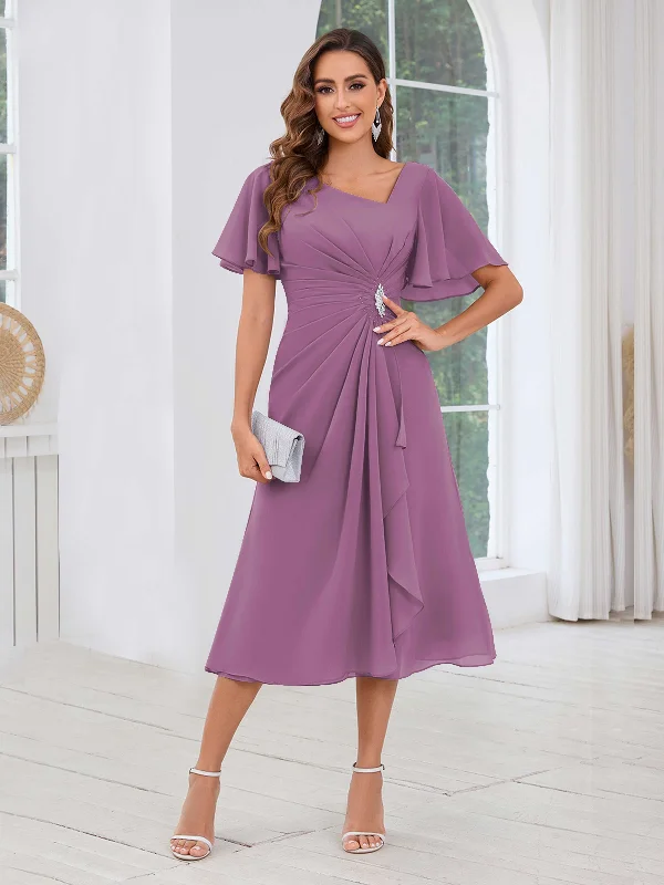 Bonnie A-Line Elegant V Neck Pleated Beaded Midi Chiffon Mother Of The Bride Dresses