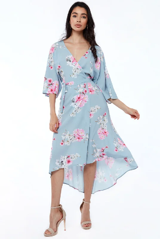 City Goddess Wrap Over Kimono Midi Dress