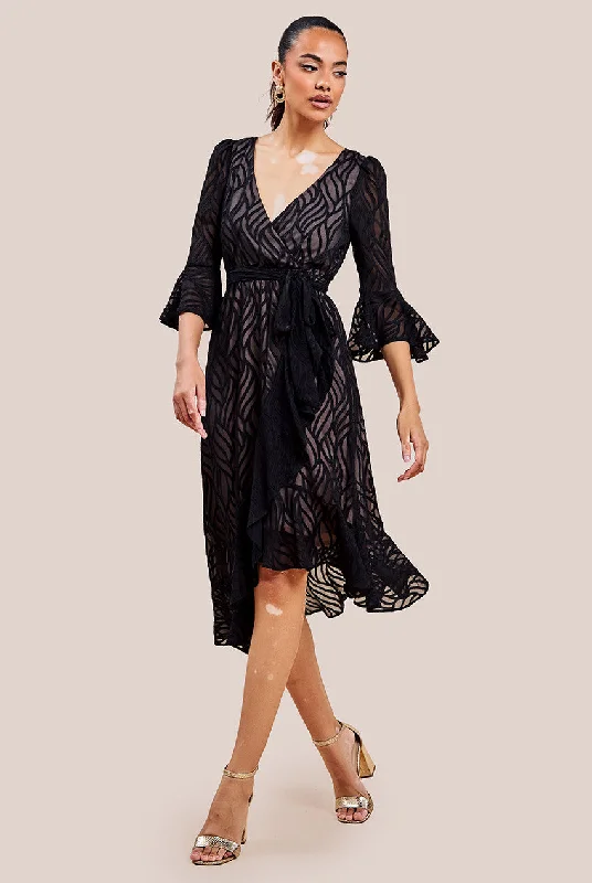 Goddiva Chiffon Geo-Wave Front Frill Wrap Midi Dress