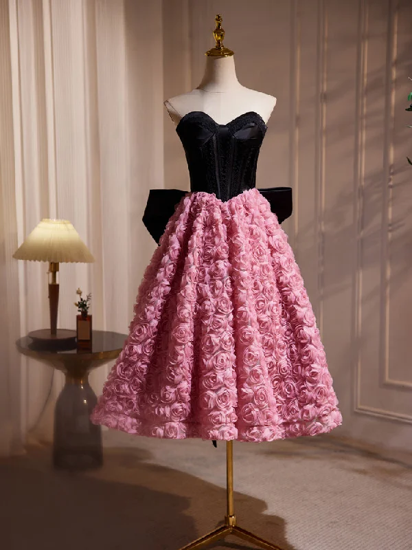 Hepburn Style Black Pink Midi Long Bow Tie Flower Prom Dresses