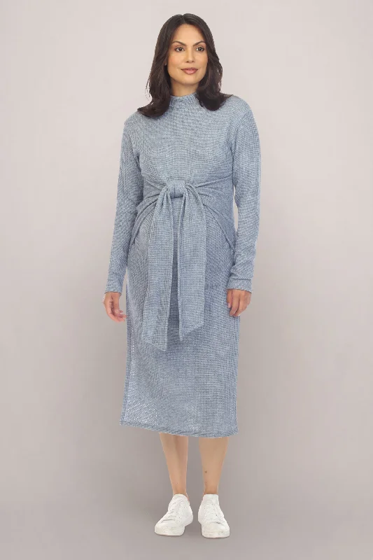 Blue Long Sleeve Maternity Midi Dress with Bow Front