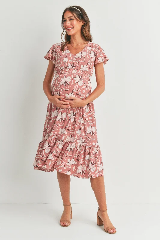 Floral Midi Maternity V Neck Dress with Ruffled Hem