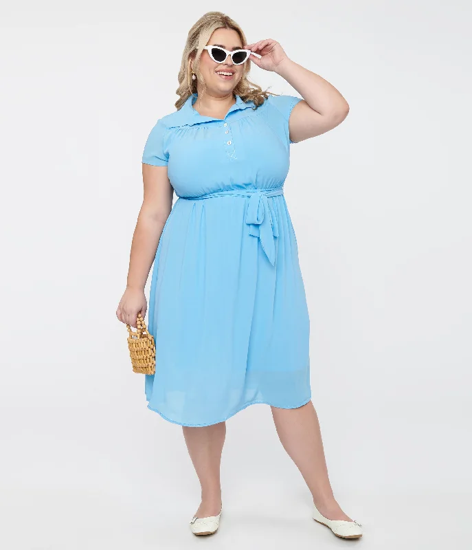 Hell Bunny Plus Size 1930s Baby Blue Chiffon Midi Pearl Dress