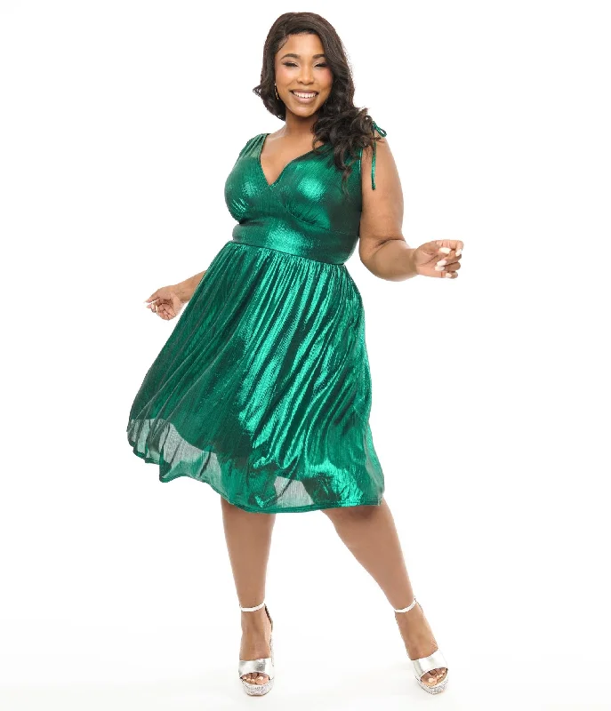 Hell Bunny Plus Size 1970s Green Metallic Gigi Midi Dress