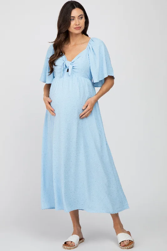 Light Blue Textured Dot Front Tie Ruffle Sleeve Maternity Midi Dress