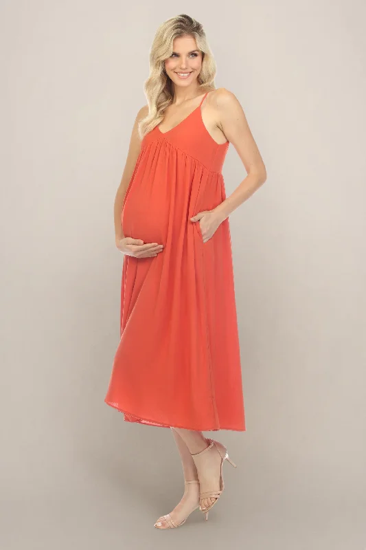 Orange Empire Waist Midi Maternity Dress